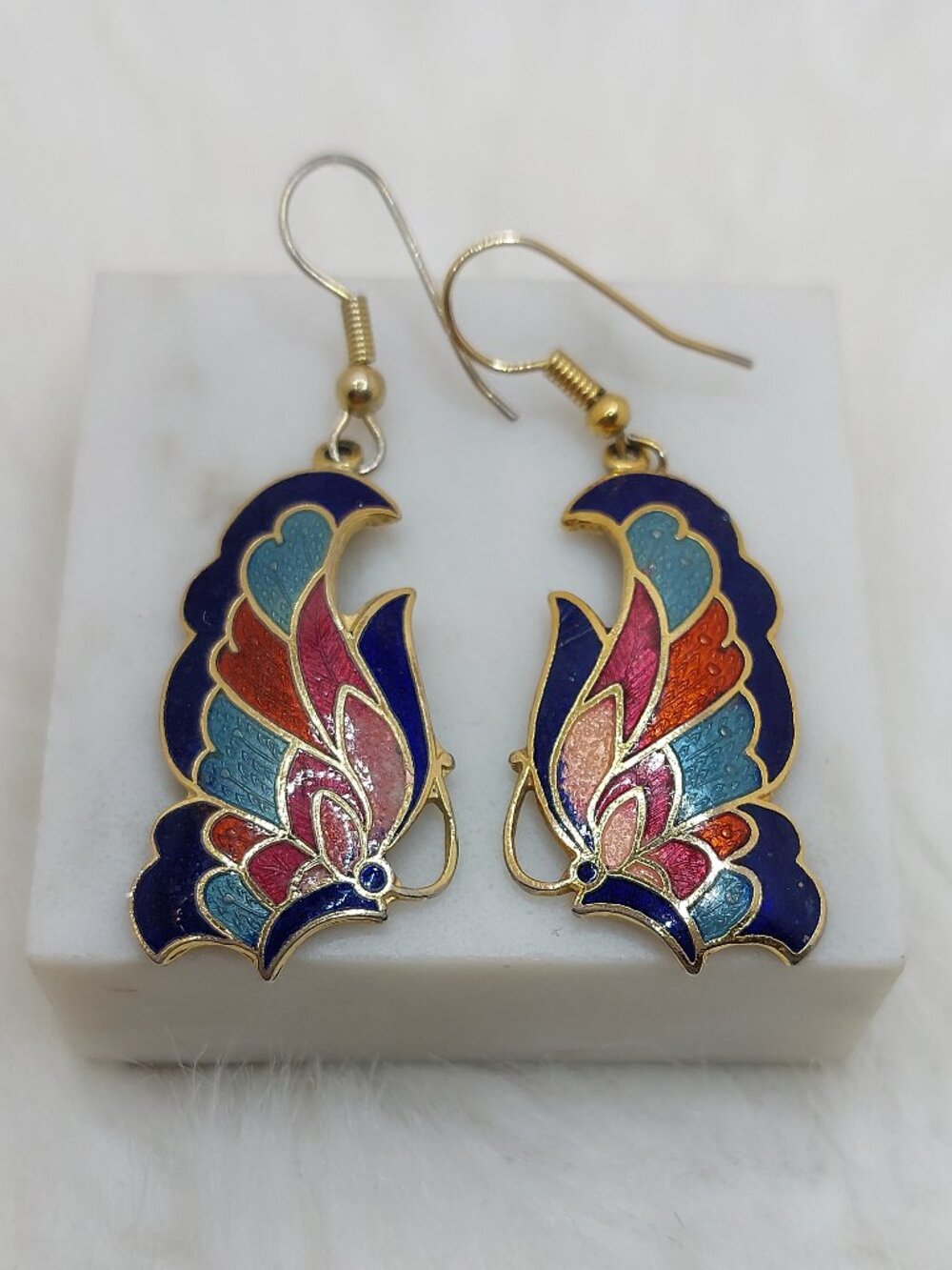 Vintage Cloisonné Dangle Earrings Butterfly Design Blue Red Enamel Gold-tone Acc